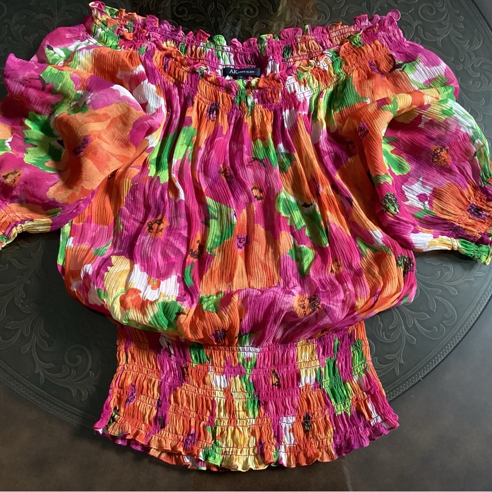 Anne Klein Vibrant Floral Blouse - Pink, Orange, Green